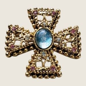 Vintage Renaissance Revival Maltese Cross Brooch Gold Tone Blue Coated Art Glass